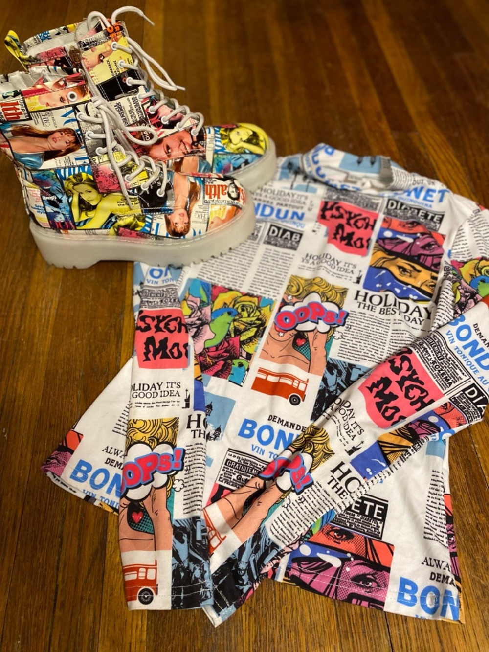 Comic-Print Platform Boots Size 8 w/ Matching Shirt Size Small